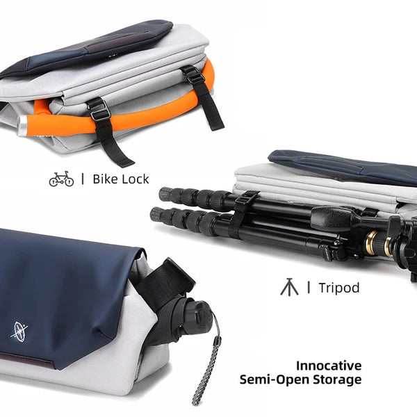 Travel bag with bike lock, tripod, and umbrella on a white background