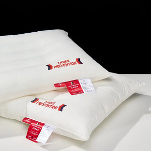White pillows with 'Three Prevention' labels on a white background