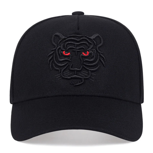 Black cap with a tiger emblem featuring red eyes on a white background