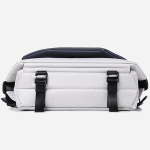 White backpack with black straps on a white background