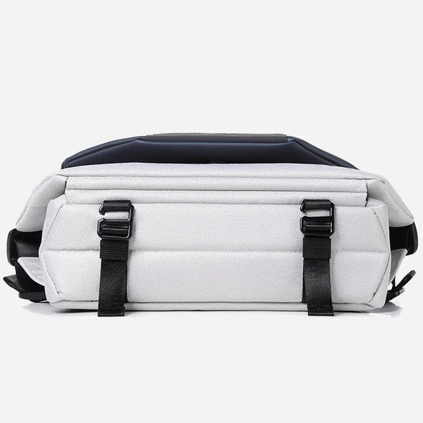 White backpack with black straps on a white background