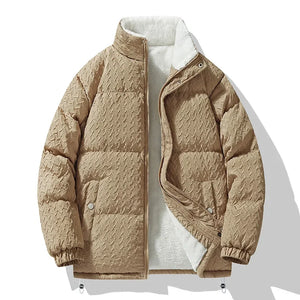 Beige quilted jacket with white lining on a white background