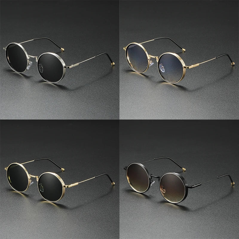 Round gold-framed glasses on a dark gray background