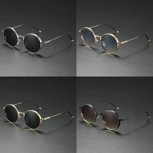 Four different angles of round sunglasses with gold frames on a gray background