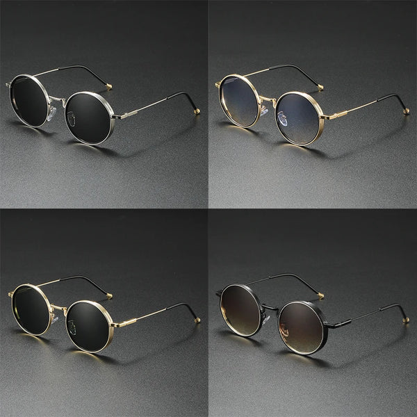 Four different angles of round sunglasses with gold frames on a gray background