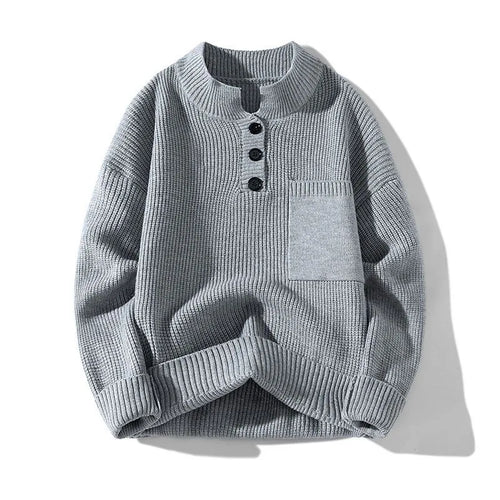 Gray knit sweater with button details on a white background