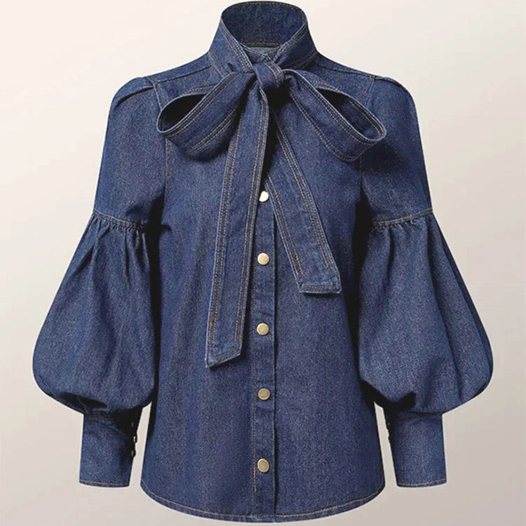 Women's blue denim blouse front view — everyday — Archi Denim Blouse — Sonverdano