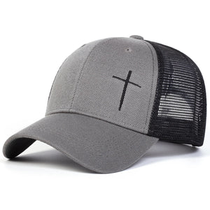Gray and black cap with a black cross on a white background