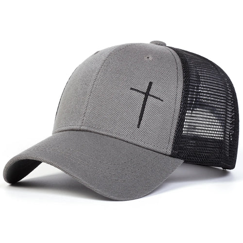Gray and black cap with a black cross on a white background