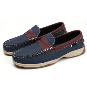 Pair of blue and brown loafers on a white background