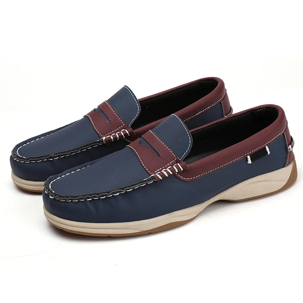 Pair of blue and brown loafers on a white background