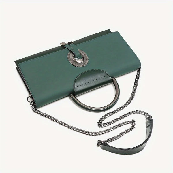 Green handbag with chain strap on a white background