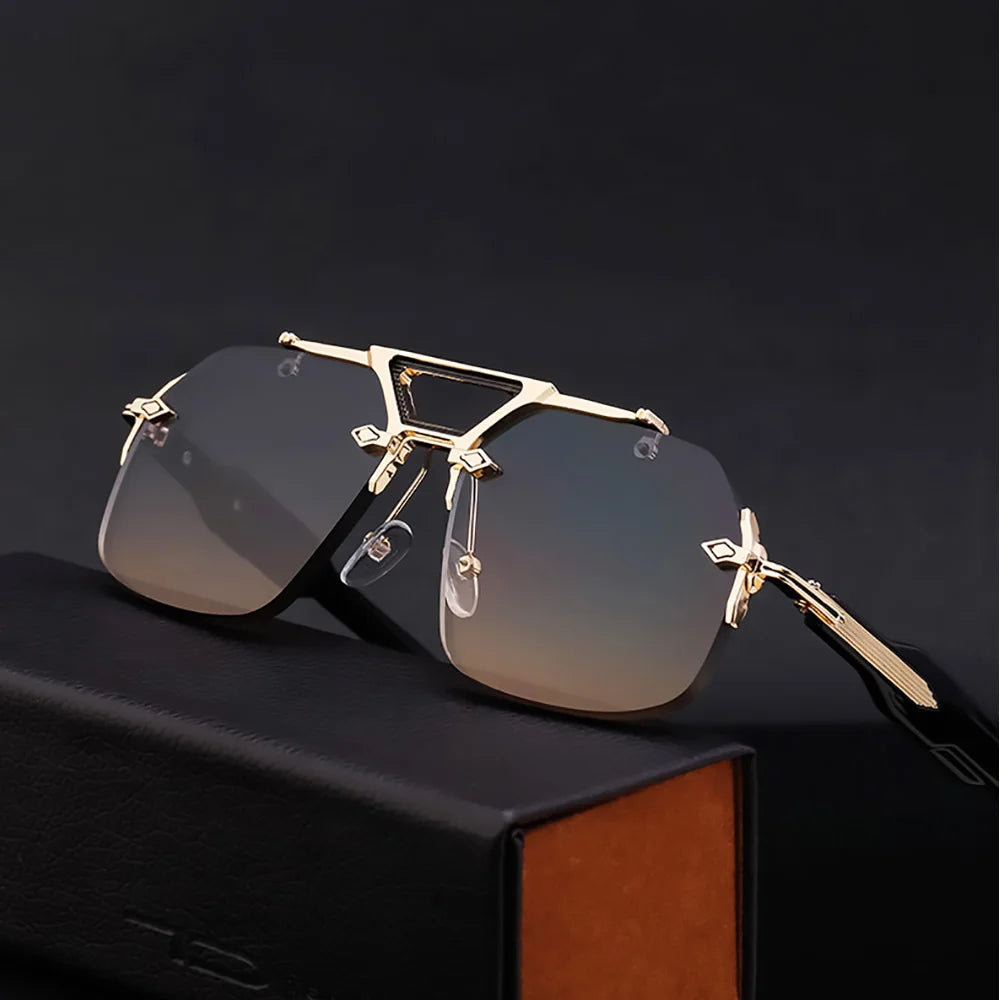 Gold-framed sunglasses with gradient lenses on a dark background