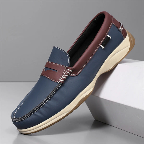 Blue and brown loafer shoe on a gray background