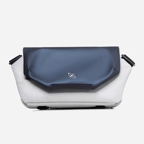 Blue and white bag with a visible brand logo on a white background