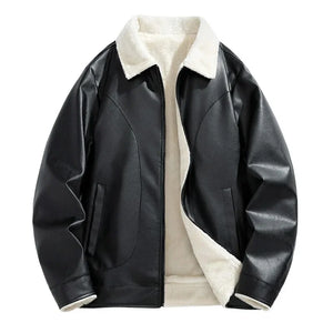Black leather jacket with white fur lining on a white background