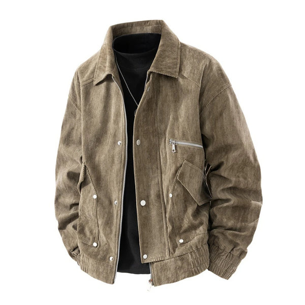 Brown corduroy jacket with white buttons on a white background
