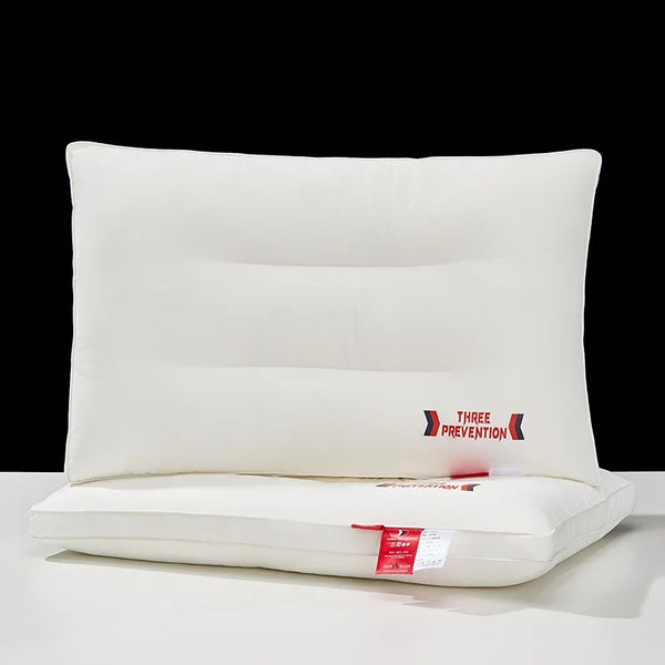 White pillow with 'Three Prevention' label on a white background
