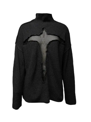 Black knit sweater with mesh panels on a white background