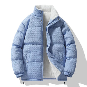 Light blue puffer jacket with white lining on a white background