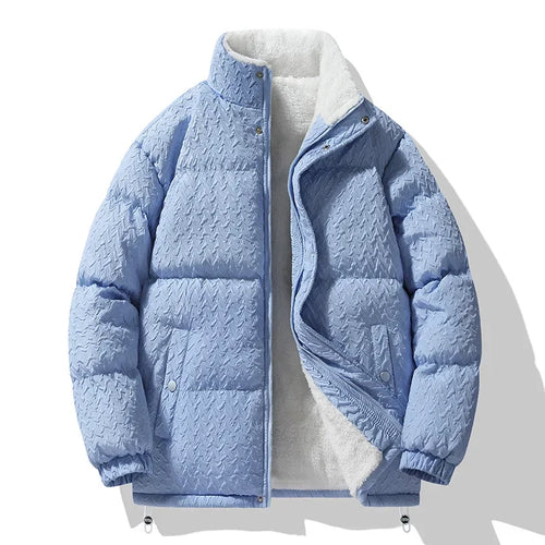 Light blue puffer jacket with white lining on a white background