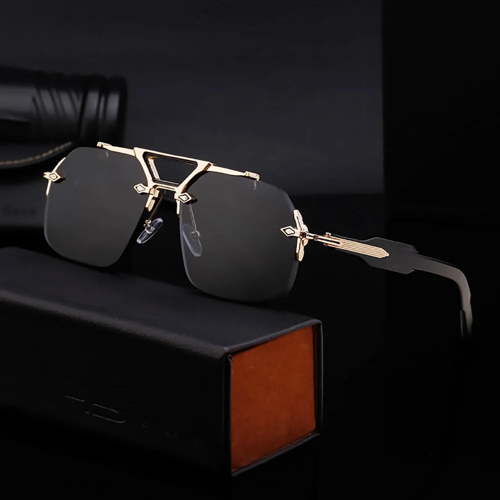 Black sunglasses with gold accents on a dark background