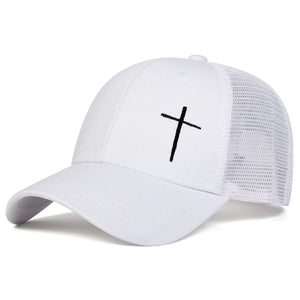 White cap with a black cross on a white background
