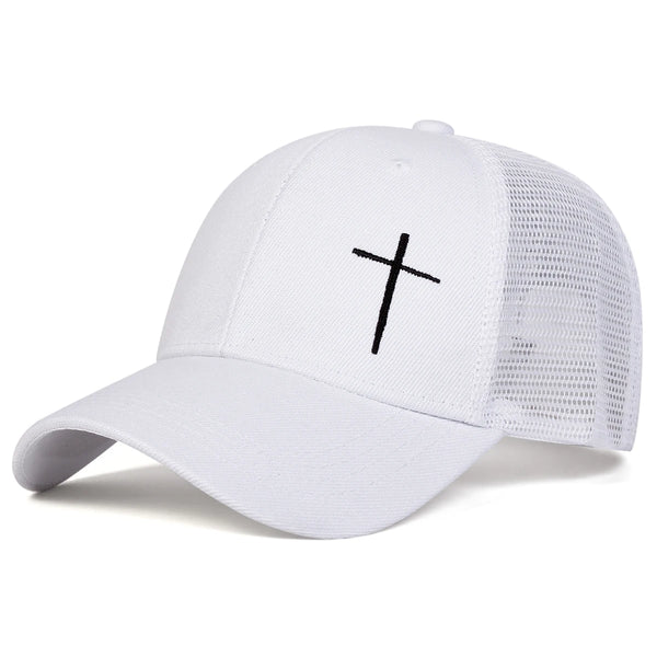 White cap with a black cross on a white background