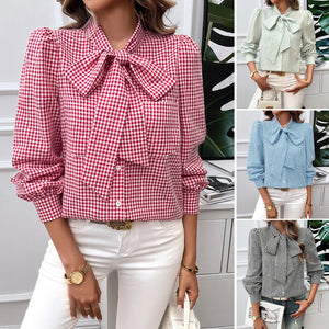 Collage of women wearing various checkered blouses with different patterns and colors.