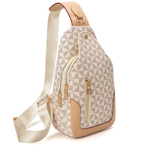 Sling bag with geometric pattern and gold zippers on a white background