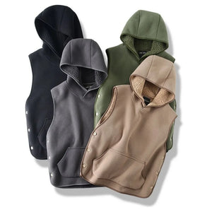 Four hooded vests in black, gray, green, and brown on a white background