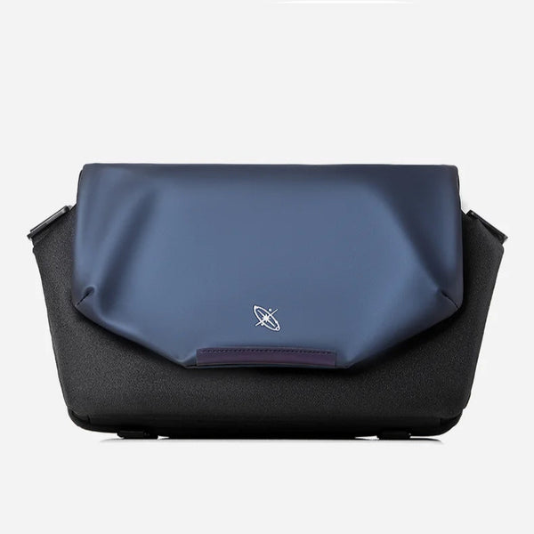 Two-toned blue and black bag with a logo on a white background