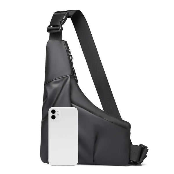 Black sling bag with a white phone on a white background