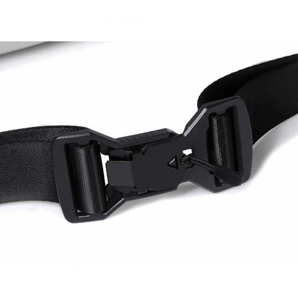 Close-up of a black adjustable strap with a buckle on a product, likely a bag or backpack.