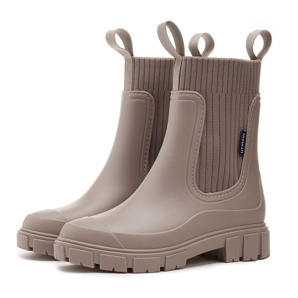 Women's brown ribbed boots detail view — rugged — Lettice Chelsea Rain Boots — Sonverdano