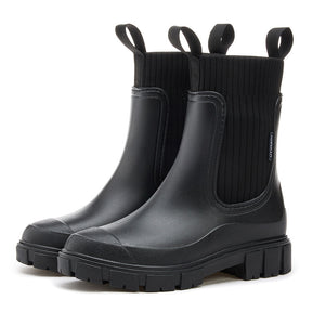 Women's black ribbed boots close-up — rugged — Lettice Chelsea Rain Boots — Sonverdano