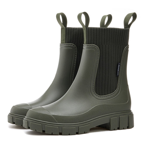 Women's green ribbed boots styled look — rugged — Lettice Chelsea Rain Boots — Sonverdano