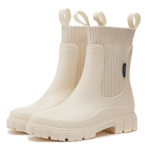 Women's off-white ribbed boots side view — rugged — Lettice Chelsea Rain Boots — Sonverdano