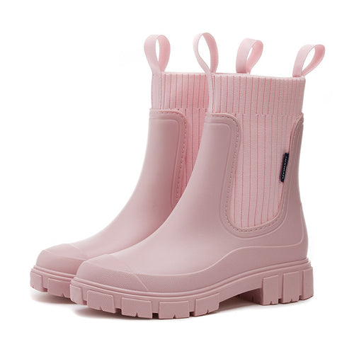 Women's pink ribbed boots side view — rugged — Lettice Chelsea Rain Boots — Sonverdano