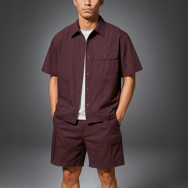 Man wearing a maroon short-sleeve shirt and shorts on a gray background