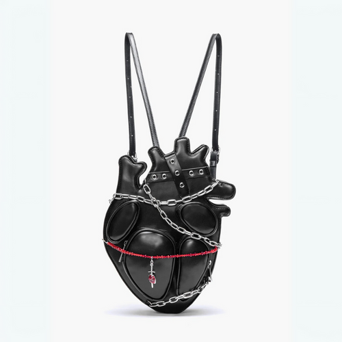 Black heart-shaped backpack with chain details on a white background