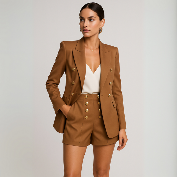 Woman wearing a brown suit with gold buttons on a plain background