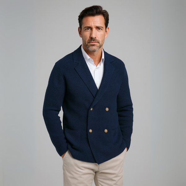 Man wearing a navy blazer with gold buttons on a gray background