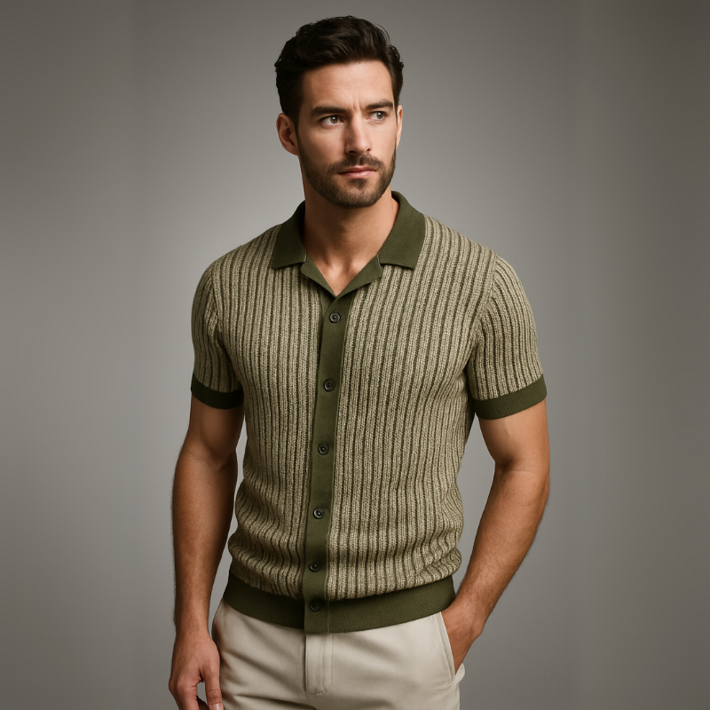 Man wearing a green and beige ribbed knit polo shirt against a gray background
