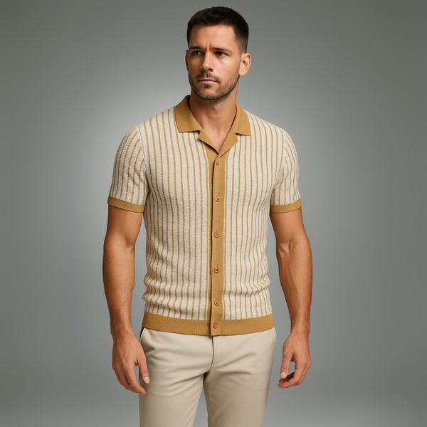 Man wearing a striped shirt with a collar and beige pants on a gray background