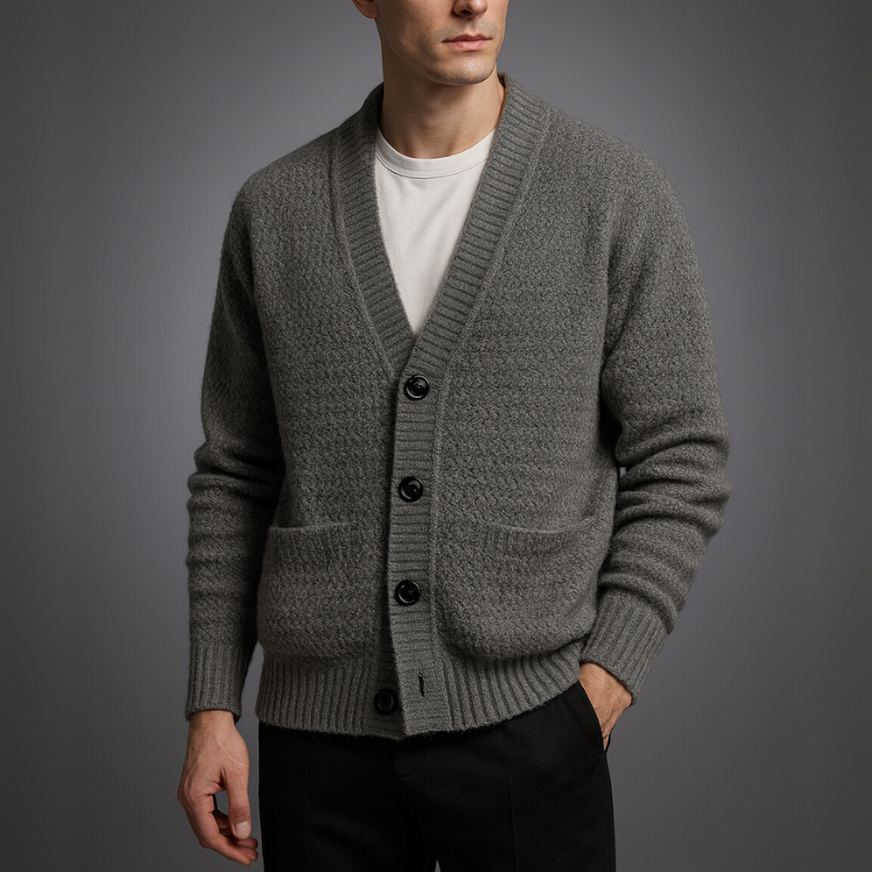 Man wearing a gray cardigan over a white shirt on a gray background