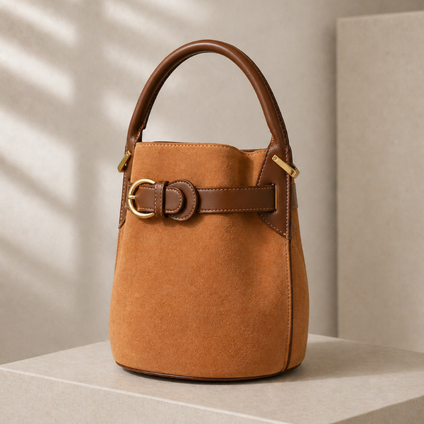 Women's suede bag front view — everyday — Celeste Bucket Bag for every occasion — Sonverdano