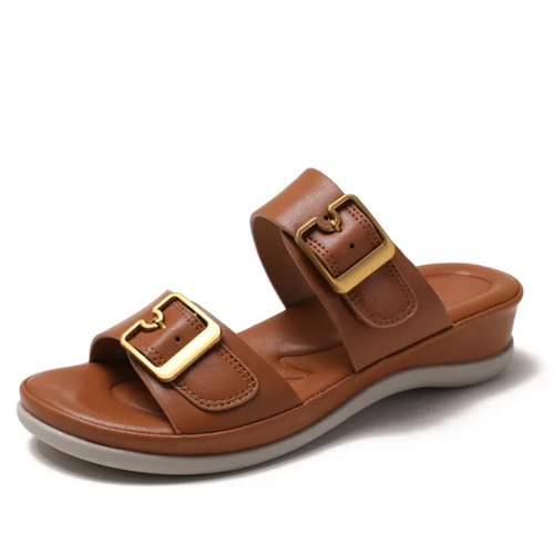 Brown sandal with gold buckles on a white background