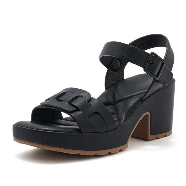 Black sandal with a block heel on a white background