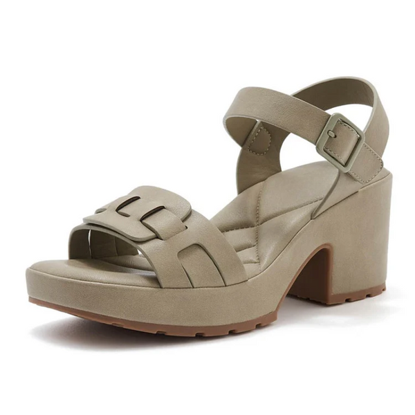 Beige sandal with a block heel on a white background